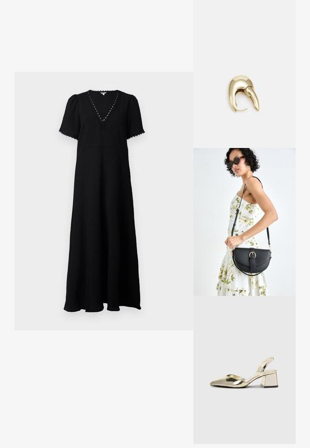 Black maxi dress with a V-neckline and short puff sleeves. Features textured fabric, lace trim along the neckline, and a flowing silhouette.; Gold, metallic slingback heels with a pointed toe and chunky heel. Smooth texture, minimalistic design, and a narrow strap.; Black leather handbag with a curved shape, detachable strap, and gold hardware. The bag features a flap with a buckle detail.; Gold-tone metal earring with a sleek, curved design. Features a distinctive pointed shape, polished surface, and hinge closure.