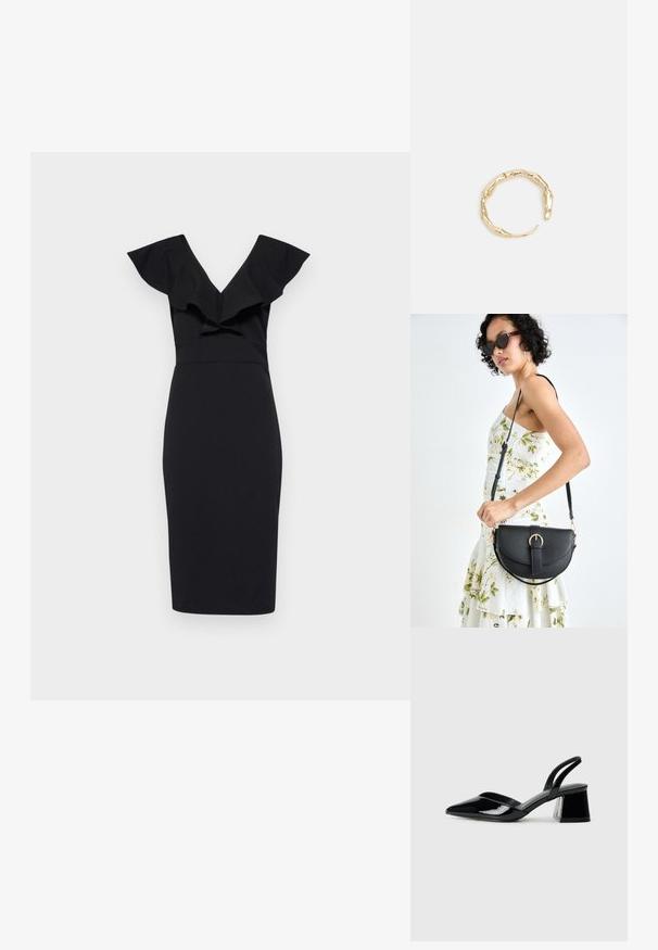 Melna pieguļoša kleita ar V formas kakla izgriezumu un volānu piedurknēm; eleganta auduma, ceļa garuma dizains un izcelta vidukļa līnija.; Melna lakota āda ar atvērto papēdi, ar smailu purngalu un ģeometrisku blokpapēdi. Iezīmējas elegants, minimāls dizains un gluda tekstūra.; Melnas ādas rokassoma ar izliekta formu, noņemamu siksnu un zelta aksesuāriem. Somai ir vāciņš ar sprādzes detaļu.; Zelta toņa gredzens ar organisku, vērptu dizainu, gludu virsmu un sašaurinātiem galiem, radot mūsdienīgu, skulpturālu izskatu.