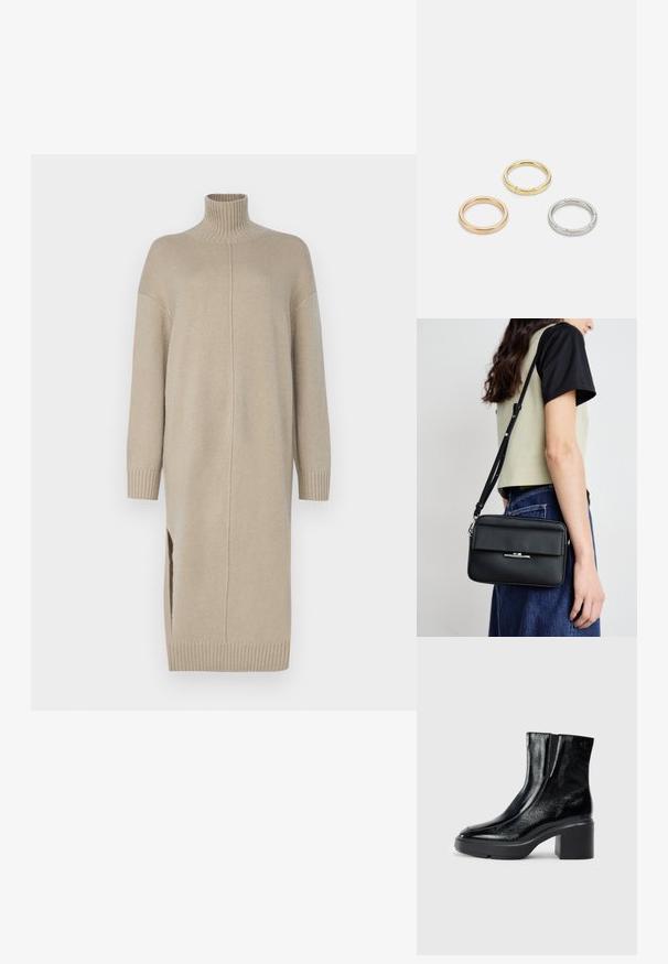 Beige gestricktes Kleid mit hohem Kragen, langen Ärmeln, seitlichen Schlitzen und gerippten Bündchen. Verfügt über einen geraden Schnitt und eine glatte Textur.; Schwarze Lackleder-Stiefeletten mit einer geschwungenen Zehenpartie, elastischen Seiteneinsätzen und einem klobigen Blockabsatz. Mit geprägtem Logo auf der Rückseite.; Calvin Klein LINEAR CAMERA BAG - Umhängetasche - black; Drei Metallringe: einer in Roségold, einer aus Gold mit strukturierten Akzenten und einer aus Silber, alle mit graviertem Branding auf dem inneren Band.