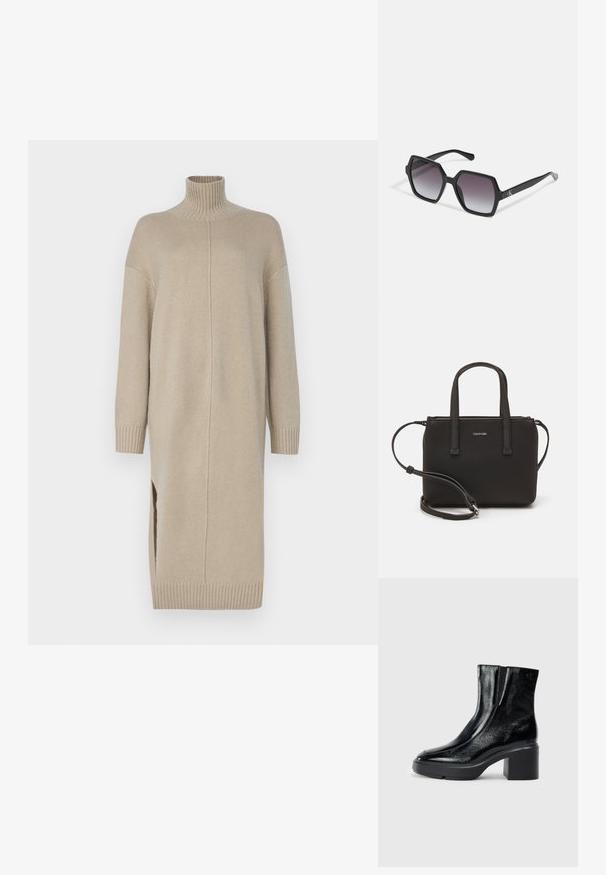 Bež haljina od pletene tkanine s visokim ovratnikom, dugim rukavima, bočnim prorezima i rebrastim manžetama. Ima ravni kroj i glatku teksturu.; Crne lakirane gležnjače s zakrivljenim prstom, elastičnim bočnim panelima i masivnom blok petom. Sadrže urezani logo na leđima.; Crne heksagonalne sunčane naočale s gradijentnim lećama, s glossy završnom obradom i suptilnim brendingom na ručki. Izrađene od izdržljive plastike.; Crna torba s dva kratka ručka i uklonjivom naramenicom. Glatki materijal nalik koži s zatvaračem na zatvaranje i detaljem s logom.