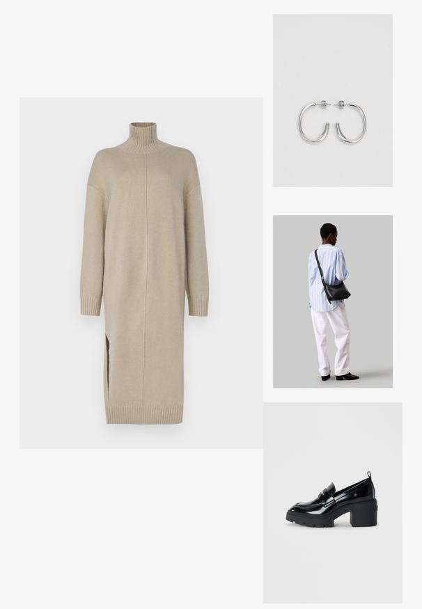 Beżowa dzianinowa sukienka o wysokim dekolcie, z długimi rękawami, bocznymi rozcięciami i ribbowymi mankietami. Charakteryzuje się prostym krojem i gładką teksturą.; Czarne lakierowane lordsy na grubej obcasie, z dekoracyjnym paskiem i teksturowaną gumową podeszwą zapewniającą przyczepność.; Czarna skórzana torba na ramię o miękkiej fakturze, w kształcie trójkąta, z regulowanym paskiem, połączona z jasnoniebieską koszulą w paski i białymi spodniami.; Srebrne kolczyki na biglu o gładkim, błyszczącym wykończeniu. O zaokrąglonym kształcie, lekkim designie, z zamknięciem na zatrzask.
