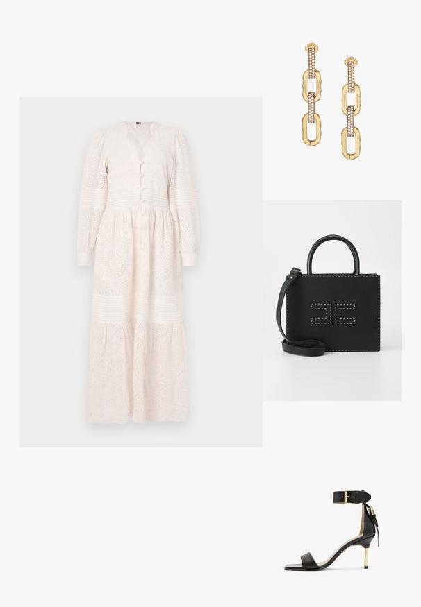 Rochie albă cu mâneci lungi, cu închidere prin nasturi, dintr-un material texturat cu modele brodate și fustă în straturi.; Sandal cu toc înalt din piele neagră, cu vârf pătrat, curea pentru glezna cu cataramă aurie și toc metalic subțire. Textură netedă, design minimalist.; Elisabetta Franchi WOMEN'S BAG - Geantă de mână - nero; Cercei din linkuri de aur cu un design accentuat de cristale clare, având inscripția gravată "GUESS" și o finisare netedă.