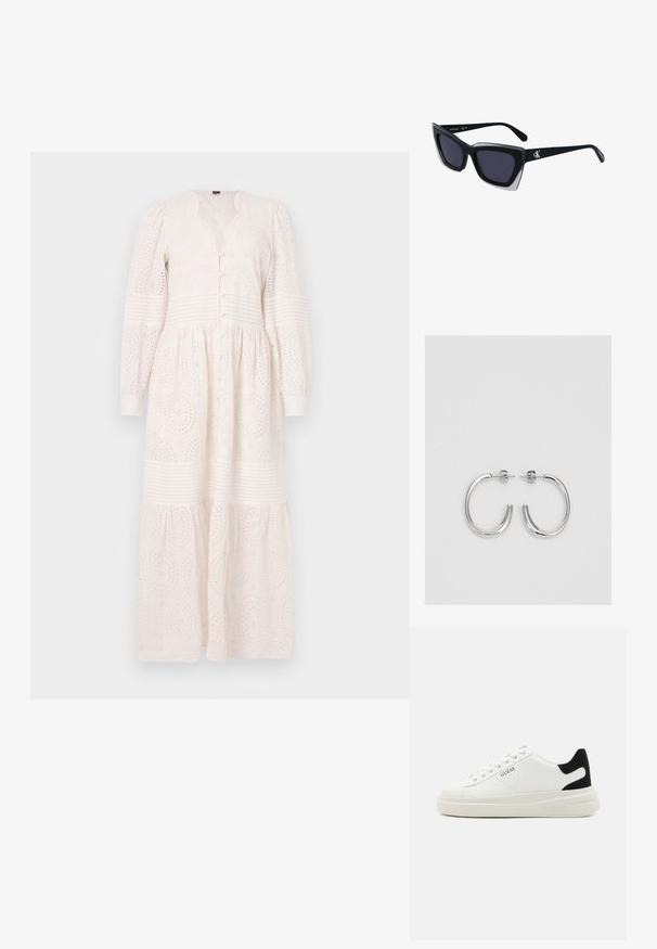 Valkoinen, pitkähihainen mekko, jossa on nappisuljenta, tekstuurinen kangas, jossa on brodeerattuja kuvioita, sekä kerroksellinen hame.; Valkoiset nahkakengät paksulla valkoisella pohjalla, mustalla mokkanahkaosuudella kannassa ja kohokuvioitu logo sivulla. Nauhakeskitys kuudella reiällä.; Mustat ylisuuret aurinkolasit, joissa on geometrinen muoto, tummat linssit ja kehykseen erottuva harmaa yksityiskohta. Logo varressa.; Hopehopeet hopehopeet hopehopeet hopehopeet, jolla on sileä, kiiltävä pinta. Pyöreä muoto, kevyt rakenne, jossa on neulakiinnitys.