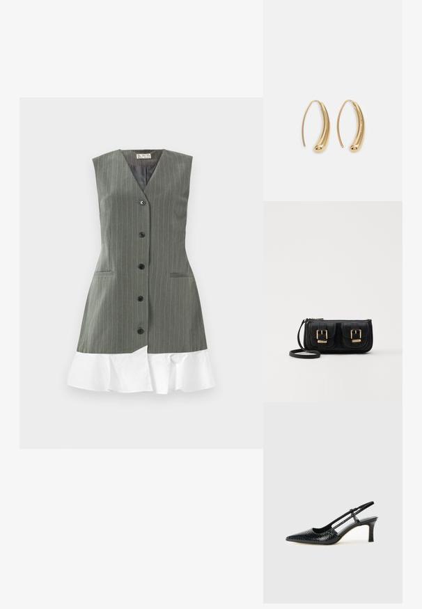 Pelēka kleita bez piedurknēm ar melniem pogām priekšā un baltu viļņotu apakšmalu uz vienkrāsaina fona.; Melna patent āda ar slīdošo papēdi un smailo purngalu, ar teksturētu čūsku drukājumu, regulējamu siksniņu un īsu teksturētu blokpapēdi.; Melnas ādas crossbody soma ar divām priekšējām kabatām, zelta sprādzēm, ar rāvējslēdzēju aizdari un šauru siksnu. Strukturēta virsma un kompakta taisnstūra forma.; Zelta toņu metāla gredzena auskari ar izliektu, pagarinātu formu. Ar gludu, spīdīgu virsma un noapaļotu galu papildu detaļām.