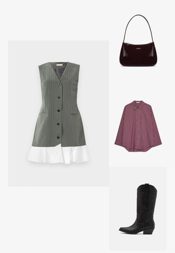 Harmaa ilmanhiustettu mekko ilman hihoja, jossa on mustat napit edessä ja valkoinen röyhelöhelma, taustalla yksinkertainen tausta.; Pitkähihainen viininpunainen napitettava paita, jossa on pystysuoria valkoisia ja värikkäitä raitoja, klassinen kaulus ja kaareva helma.; Musta nahkakengät cowboy-tyyliin, joissa on terävä kärki, matala pinottu korko ja monimutkainen kohokuvioitu lehtimäinen kuvio varressa. Ylhäällä on silmäkumi helppoa pukemista varten.; Burgundin värinen lakattu nahkalaukku, jossa on sileä pinta, kaareva muotoilu, yksittäinen olkahihna ja kultainen "kazar"-logo edessä.