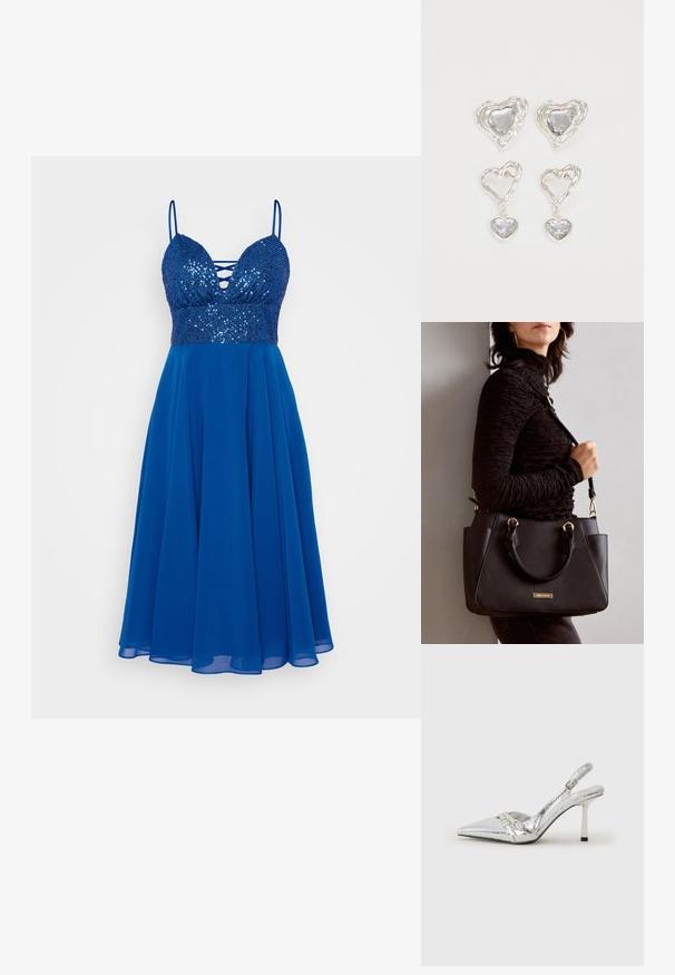 Rochie albastră cu bust împodobit cu paiete, decolteu adânc și bretele subțiri. Fustă fluidă din material ușor, care conferă o textură moale.; Pantofii cu toc înalt, argintii, cu vârf ascuțit, finisaj metallic, două curele decorative și un toc subțire cu vârful negru.; Geantă de umăr neagră cu suprafață texturată, cu două mânere superioare și curea de umăr ajustabilă. Dispune de accesorii metalice de culoare aurie și buzunare laterale.; Cerceii în formă de inimă argintie sunt decorați cu pietre clare fațetate, având un cadru texturat. Setul include stiluri cu buton și cu pandantiv.
