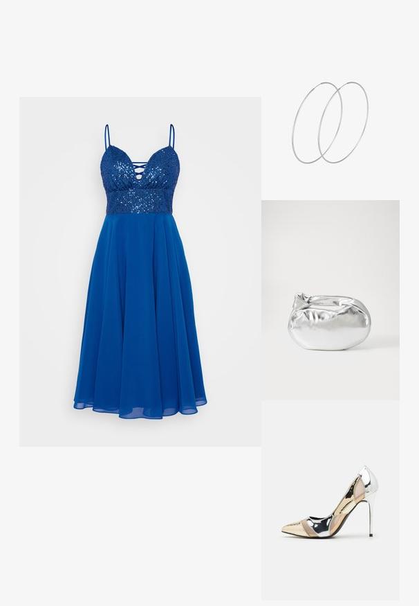 Modra obleka z sequinskim korpusom, globokim dekoltejem in tankimi naramnicami. Zračna krila iz lahkega materiala, ki nudi mehak občutek.; Čevlji z visoko peto in konico, v barvni kombinaciji srebrne, zlate in nude. Sijajna obdelava z izrezljanim dizajnom, z igličasto peto.; Srebrna kovinska torbica z mehko, zaobljeno obliko in zavezano zgornjo zaporo. Narejena iz gladkega umetnega usnja.; Srebrne uhane v obliki obroča z minimalističnim dizajnom. Krožna oblika, gladka tekstura in tanek profil. Lahki s poliranim zaključkom.