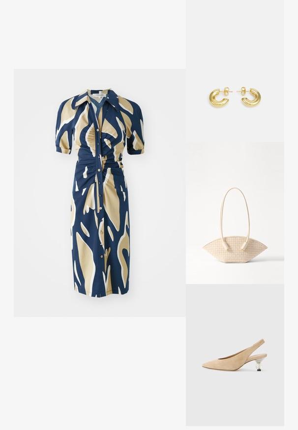 Námornícky šaty s béžovým a bielym abstraktným vzorom, krátkymi puff rukávmi, gombíkovou prednou časťou a nariadenými detailmi v oblasti pása. Hladká textúra látky.; Béžová semišová slingback obuv s špicatou špičkou a priehľadným, zaobleným podpätkom. Hladká textúra a minimalistický dizajn.; Tkaná béžová kabelka s jedinečným zakriveným tvarom, s dvoma textúrovanými rukoväťami a valcovými kovovými doplnkami.; Maria Black TEMPELHOFER HOOPS - Náušnice - gold-coloured