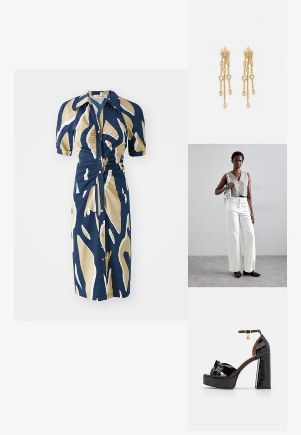 Jūrinis suknelė su kreminiu ir baltu abstrakčiu raštu, trumpomis pūstomis rankovėmis, mygtukais priekyje ir raukšlėta detalė prie juosmens. Lygus audinio paviršius.; Maje Aukštakulniai sandalai - noir; Pilkas trumpas liemeniukas su sagomis, derinamas su baltomis plačiomis kelnėmis ir juodais butais be kulno. Papuoštas mažąja sidabrine frakcionuotų rankinuke.; Aukso spalvos auskarai su keliais kaskadiniais grandinėlėmis, su skaidriais ovaliais kristalų akcentais ir dekoratyviniais auskarų priekiais.