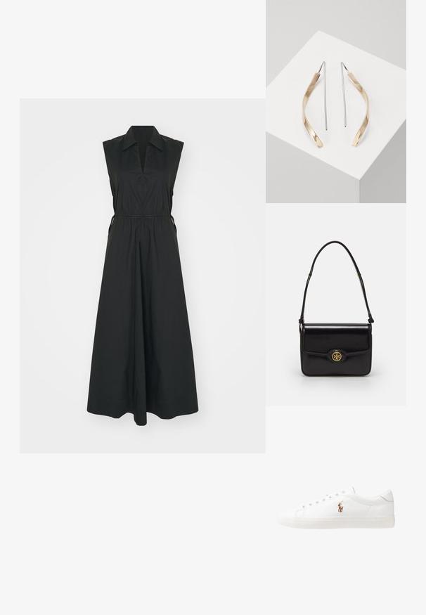 Musta hihaton mekko, jossa on kauluksellinen kaula-aukko, joustava vyötärö ja hulmuava helma. Valmistettu sileästä kankaasta yksinkertaisella designilla.; Valkoiset nahkakengät, matala malli, jossa on sileä pinta, pyöreä kärki, nauhakiinnitys edessä ja pieni brodeerattu logo sivulla.; Mustavalla nahkalaukku, jossa on suorakulmainen muoto, kullansävyiset yksityiskohdat, etupuolella kansi ja pyöreä logo-akkentti. Varustettu yhdellä säädettävällä hihnalla.; Kulta- ja hopeakarva korvakorut, joilla on kaareva, pitkänomainen muoto. Kiiltävä pinta, sileä tekstuuri ja minimalistinen muotoilu.