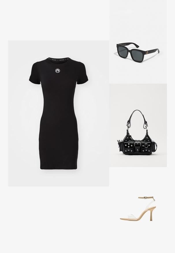 Černé přiléhavé šaty s krátkými rukávy, kulatým výstřihem a malým kulatým logem na hrudi. Vyrobeno z elastického materiálu.; Průhledná sandálová obuv s průhledným svrškem, béžovou stélkou a štíhlým páskem kolem kotníku. Má špičatou špičku a tenký vysoký podpatek.; Černé sluneční brýle s obdélníkovými skly, s lesklým povrchem a zlatými logovými akcenty na nožkách. Temně šedá skla poskytují UV ochranu.; Černá kožená kabelka s křivkovým designem, zdobená stříbrnými hřebíky, s přezkou a dvěma bočními kapsami. Nastavitelný popruh pro různé možnosti nošení.