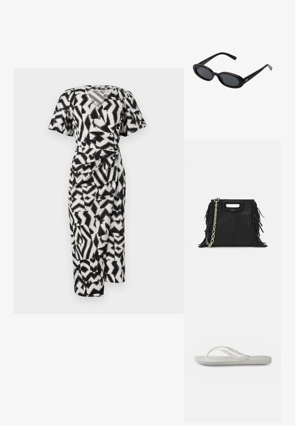 Čierno-biely vzorovaný zavinovací šaty s krátkymi rukávmi, v-dekoltom a detailom uzla na boku, vyrobené z ľahkej tkaniny.; Biele žabky s textúrovanou podrážkou, tenkými popruhmi a plochým dizajnom. Vyrobené z gumy s jemným logom na podošve.; Čierne oversized slnečné okuliare s oválnymi šošovkami, hladkým plastovým rámom a zlatými akcentmi na straniciach. Tmavé šošovky poskytujú ochranu pred slnkom.; Čierna kožená kabelka s strapcami, zlatým reťazovým ramenným popruhom a vykrojenou rukoväťou. Na prednej strane sa nachádza logo.