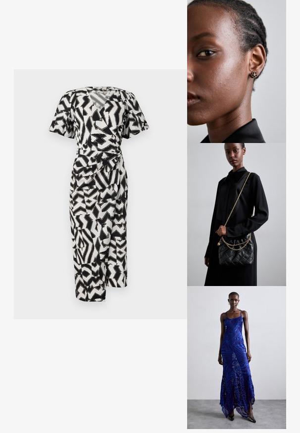 Vestido envolvente de estampado en blanco y negro con mangas cortas, escote en V y un detalle de nudo lateral, hecho de una tela ligera.; Vestido maxi de estampado animal en azul y morado con tirantes finos, un cuerpo ajustado, dobladillo acampanado y detalles de superposición transparente.; Bolso de mano de cuero negro acolchado con parte superior fruncida, correa de cadena dorada y forma rectangular, sostenido contra un fondo liso.; Los pendientes de botón dorados con flor presentan un centro negro texturizado y un delicado diseño. Se puede ver el perfil del modelo con su piel clara y cabello trenzado.