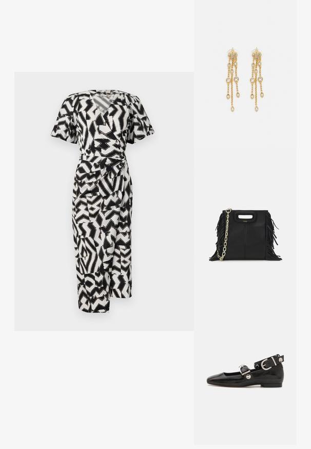 Svart och vitmönstrad omslagsklänning med korta ärmar, v-ringning och sidoknutdetalj, tillverkad av lättviktsmaterial.; Svart lacklädersplattork med fyrkantig tå, ankelrem med silverfärgad detalj och platt sula. Slät yta med minimalistisk design.; Svart läderhandväska med fransdetaljer, guldkedja som axelrem och ett handtag med urtag. Har logotyp placering framtill.; Guldtonade örhängen med flera fallande kedjor, prydda med klara ovala rhinestone-accenter och dekorativa stuvar.