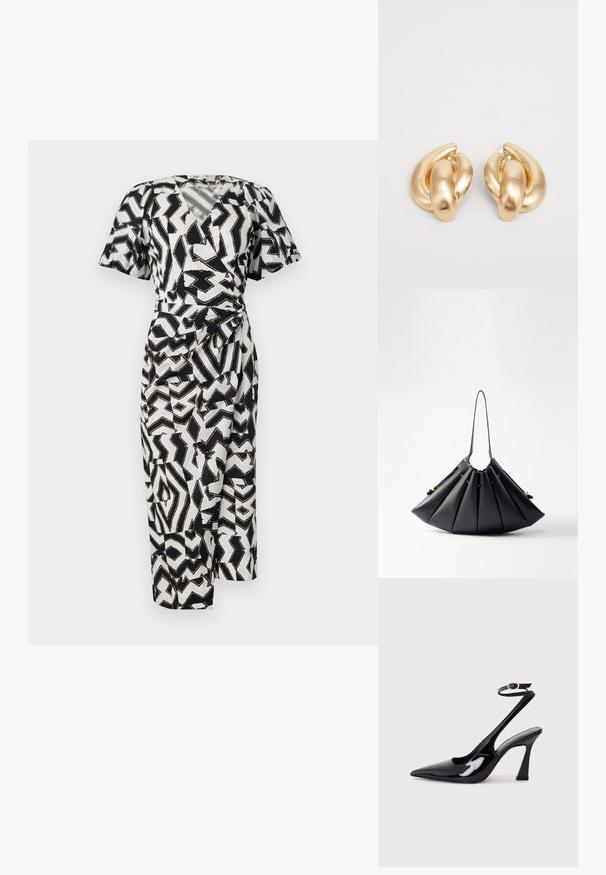 Czarna i biała wzorzysta sukienka kopertowa z krótkimi rękawami, dekoltem w serek i detalem w postaci węzła z boku, wykonana z lekkiej tkaniny.; Czarne lakierowane szpilki slingback na wysokim obcasie z wydłużonym noskiem, regulowanym paskiem na kostce i umiarkowanym obcasem w kształcie bloku. Gładka struktura z błyszczącym wykończeniem.; Czarna plisowana torebka z gładkiej skóry, z jedną rączką, złotymi dodatkami i geometrycznie ustrukturyzowanym kształtem.; Złote kolczyki metalowe o skręconym wzorze z gładką, błyszczącą powierzchnią i zaokrąglonymi kształtami. Każdy z nich ma około 2 cali.