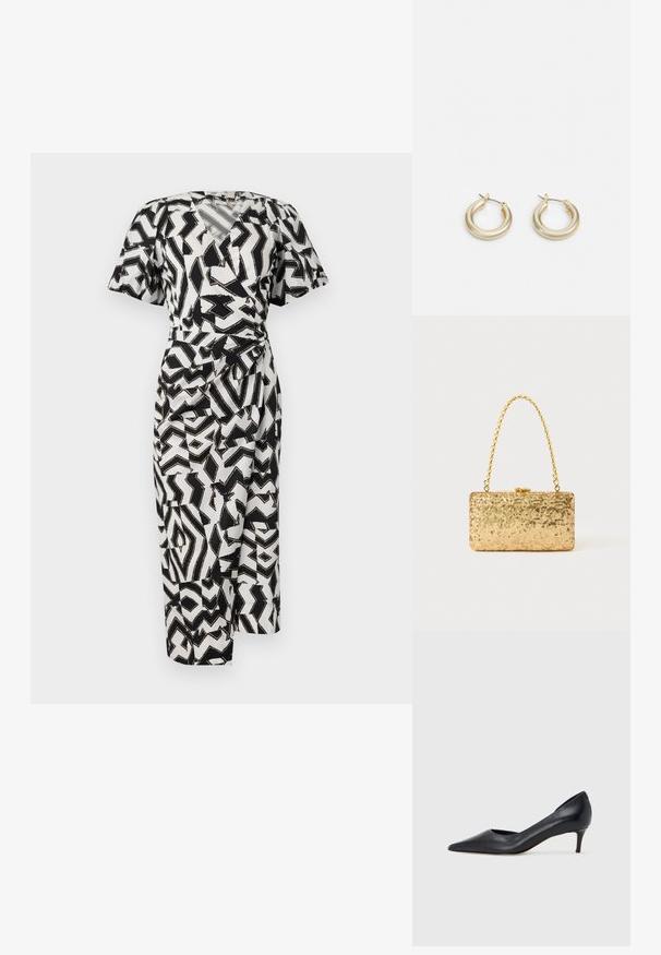 Schwarz-weiße gemusterte Wickelkleid mit kurzen Ärmeln, V-Ausschnitt und seitlichem Knotendetail, aus leichtem Stoff gefertigt.; Schwarzer Pumps aus Leder mit spitzer Zehenpartie und niedrigem Absatz. Verfügt über eine glatte Textur und dezenten Glanz. Vordere Öffnung für ein zusätzliches Detail.; Goldene Pailletten-Clutch mit rechteckiger Form, ausgestattet mit einem gedrehten Kettenhenkel und einem Metallverschluss, der das Licht mit einer strukturierten Oberfläche reflektiert.; Lauren Ralph Lauren BASIC SMALL HOOP - Ohrringe - gold-coloured