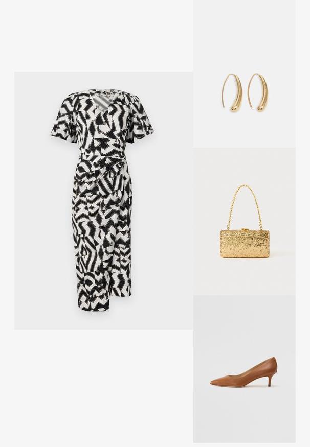 Schwarz-weiße gemusterte Wickelkleid mit kurzen Ärmeln, V-Ausschnitt und seitlichem Knotendetail, aus leichtem Stoff gefertigt.; Lauren Ralph Lauren ADRIENNE - Pumps - deep saddle tan; Goldene Pailletten-Clutch mit rechteckiger Form, ausgestattet mit einem gedrehten Kettenhenkel und einem Metallverschluss, der das Licht mit einer strukturierten Oberfläche reflektiert.; Goldfarbene Metall-Hoops mit einer geschwungenen, länglichen Form. Sie verfügen über eine glatte, glänzende Oberfläche und eine abgerundete Spitze für zusätzliche Details.