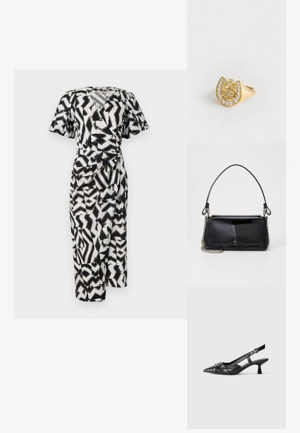 Kratka crno-bijela haljina s uzorkom koja ima kratke rukave, V-izrez i detalj s čvorom sa strane, izrađena od lagane tkanine.; Crne kožne cipele s remenom oko pete, s izduženim vrhom, dekorativnim trakama s metalnim rupama i niskom blok petom. Teksturirana površina.; Crna patentna kožna torba pravokutnog oblika, s lancem za nošenje i karakterističnim metalnim detaljem u središtu. Glatka tekstura.; Zlatni prsten s dizajnom krune unutar potkove, ukrašen malim prozirnim draguljima, na bijeloj pozadini.