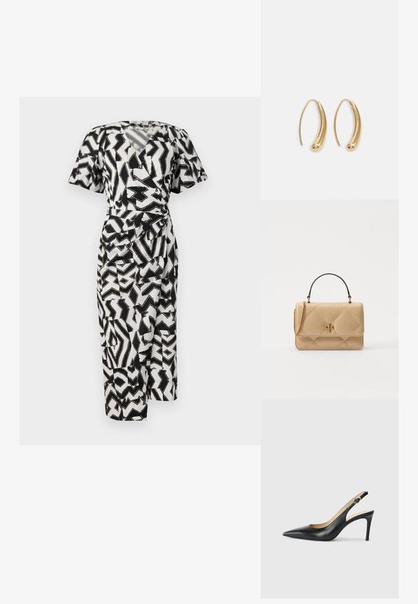 Čierno-biely vzorovaný zavinovací šaty s krátkymi rukávmi, v-dekoltom a detailom uzla na boku, vyrobené z ľahkej tkaniny.; Čierne kožené lodičky na odkryté päte s špicatou špičkou, nastaviteľným pásikom a elegantným ihlovým podpätkom, s hladkým povrchom.; Prešívaná béžová kožená kabelka so zlatými kovovými prvkami, reťazovým popruhom a horným uchom. Má predný klopňový uzáver a podpisový detail loga.; Náušnice vo forme zlatých kovových kruhov s zakriveným, predĺženým tvarom. Majú hladký, lesklý povrch a zaoblený koniec pre pridanie detailu.