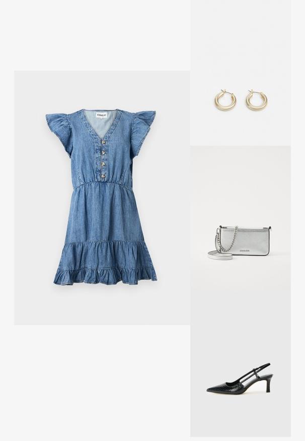 Zila džinsa kleita ar īsām drapētām piedurknēm, V-veida izgriezumu un pieciem priekšējiem pogām. Iezīmējas ar slāņotu svārku un savilkta vidukļa dizainu, kas nodrošina brīvu piegulumu.; Melna patent āda ar slīdošo papēdi un smailo purngalu, ar teksturētu čūsku drukājumu, regulējamu siksniņu un īsu teksturētu blokpapēdi.; Sudraba ādas krustnabas soma ar teksturētu apdari, ķēdes un siksnu akcentiem, kā arī rāvējslēdzēja aizdari. Priekšpusē ir logs.; Lauren Ralph Lauren BASIC SMALL HOOP - Auskari - gold-coloured