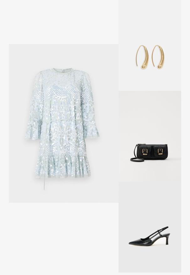 Hele sinine, sädelev kleit flöödid käiste kujundusega ja kokku volditud hemiga. Omab keerukaid mustreid ja ümarat kaelust ning taga lukku.; Mustmust paelad, millel on terav varvas, tekstuuriga maduprindiga, reguleeritav rihm ja lühike tekstuuriga plokknina.; Must küllastamata nahast õlakott, millel on kaks esist nähtavat taskut, kuldsed pandlad, tõmblukuga sulgemine ja peen rihm. Tekstuuriga pind ja kompaktne ristkülikukujuline kuju.; Kuldtoonilised metallist rõngas kõrvarõngad, millel on kõver ja piklik kuju. Omavad siledat, läikivat pinda ja ümarat tipptugevdust, mis lisab detaili.