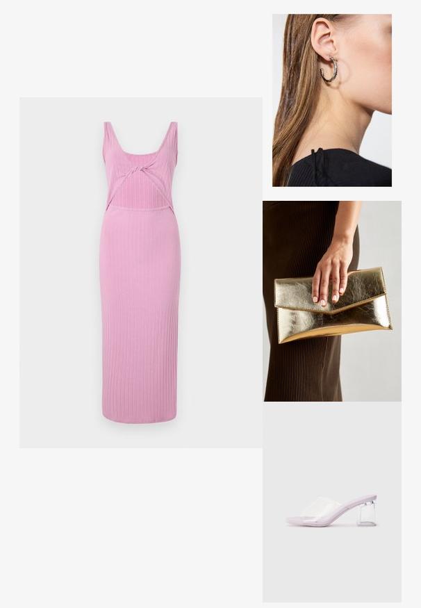 Robe midi rose à côtes avec un décolleté arrondi, présentant un détail noué à l'avant et une silhouette ajustée. Tissu lisse et extensible.; Mules lilas à talons avec une tige en plastique transparent et un talon bloc transparent. Texture lisse, design à bout ouvert, forme minimaliste.; Pochette en métal doré avec une texture lisse, dotée d'un rabat en forme de triangle. La main qui la tient a des ongles soigneusement manucurés.; Boucle d'oreille en argent avec une finition polie, présentant de petits détails en or et de forme ronde, portée sur le lobe.