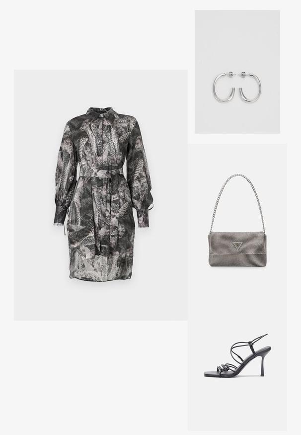 Juodai baltas raštuotas suknelė su apykakle, ilgomis rankovėmis, mygtukais priekyje ir diržu juosmeniui. Skaidrus audinys.; Juodos aukštakulnės sandalai pasižymi plonyčiais dirželiais su mazgo dizainu, lygiu kvadratiniu pirštu ir elegantišku stiletto kulnu.; Šviesiai pilka metalinė rankinė su grandinėlės dirželiu, papuošta mažais apvaliais metaliniais smeigėmis ir trikampiu prekės ženklu.; Sidabrinės auskarai žiedai su lygiu, blizgiu paviršiumi. Suapvalinta forma, lengvas dizainas, su uždarymu ant smeigtuko.