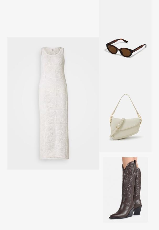 Valkoinen virkkauskankainen maksimekko, jossa on pyöreä pääntie, hihaton malli ja geometrisia kuvioita koko kangastuksessa.; Ruske nahkasaappaat, joissa on terävä kärki ja laatikkokorko, varustettu yksityiskohtaisella ompelulla ja kohotetuilla yksityiskohdilla varsiosassa.; Ruske tortoiseshell sunčane naočale s vintage mačkastim oblikom i smešnim sočivima. Ima zakrivljene okvire s crvenim akcentima.; Pieni kerma beige käsilaukku, jossa on teksturoitu pinta, pitkä säädettävä olkahihna, ketjua korostava yksityiskohta ja läppälukko. Kultaista metalliosaa.