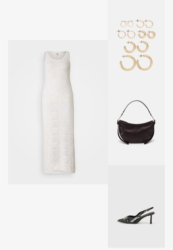 Hvit heklet maxikjole med rund hals, ermeløs design og geometriske mønstre i stoffet.; Sorte patentlær slingback-sko med spiss tå, ankelremmer med sølvspenner og detaljer, og en slank hæl.; Mørk brun skinn skulderveske med en buet form, glatt tekstur og en enkelt justerbar stropp. Har glidelås lukking.; Sett med gulløredobber i ulike størrelser og design, inkludert små, mellomstore og store stiler, med glatte metalliske overflater.