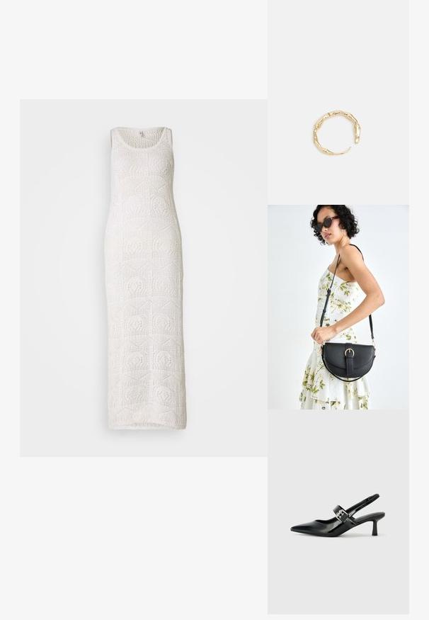 Balta nėrinių maksi suknelė su apvaliu iškirpimu, be rankovių dizainu ir geometriniais raštais per visą audinio tekstūrą.; Juodai lakuoti slingback aukštakulniai su smailiu kojų pirštu ir mažais blokiniais kulniukais, su sidabro sagtimi ant dirželio.; Juodas odinis krepšys su išlenkta forma, nuimamu dirželiu ir auksiniais detalėmis. Krepšys turi kilpą su sagtimi.; Auksinės spalvos žiedas, turintis organišką, sukimosi dizainą su lygiu paviršiumi ir siaurėjančiais galais, sukuriantis modernią skulptūrinę išvaizdą.