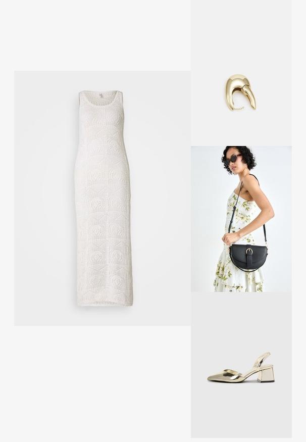 Rochie maxi albă din croșetă, cu decolteu rotund, fără mâneci, și modele geometrice pe toată textura materialului.; Pantofi cu toc slingback metalici aurii, cu vârf ascuțit și toc chunky. Textură netedă, design minimalist și o curea subțire.; Geantă din piele neagră, cu o formă curbată, curea detașabilă și accesorii aurii. Geanta are un capac cu un detaliu tip cataramă.; Cercei din metal de culoare aurie cu un design elegant și curbat. Prezintă o formă distinctivă, ascuțită, o suprafață lustruită și un sistem de închidere cu balama.