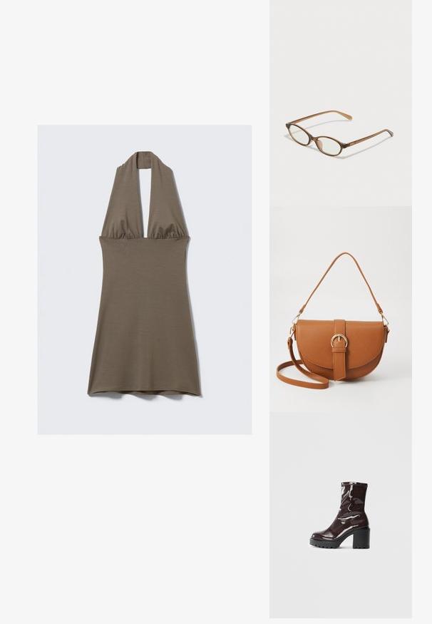 Šaty na krk v olivově zelené barvě, vyrobené z měkkého, pružného materiálu. Mají stažený pas a rozšířenou sukni s hladkou texturou.; Lesklá bordó kotníková bota s masivním černým podpatkem, se hladkým povrchem a jednoduchým designem. Žádné viditelné zapínání ani vzory.; Hnědé želvovinové brýle s oválnými skly, tenkými bočními nohami a průhlednými akcenty. Obsahují decentní logo na stranu. Elegantní, lehký design.; Hnědá kožená křížová taška s zakřiveným tvarem, zlatými detaily a akcentem s přezkou. Obsahuje odnímatelný popruh na rameno.
