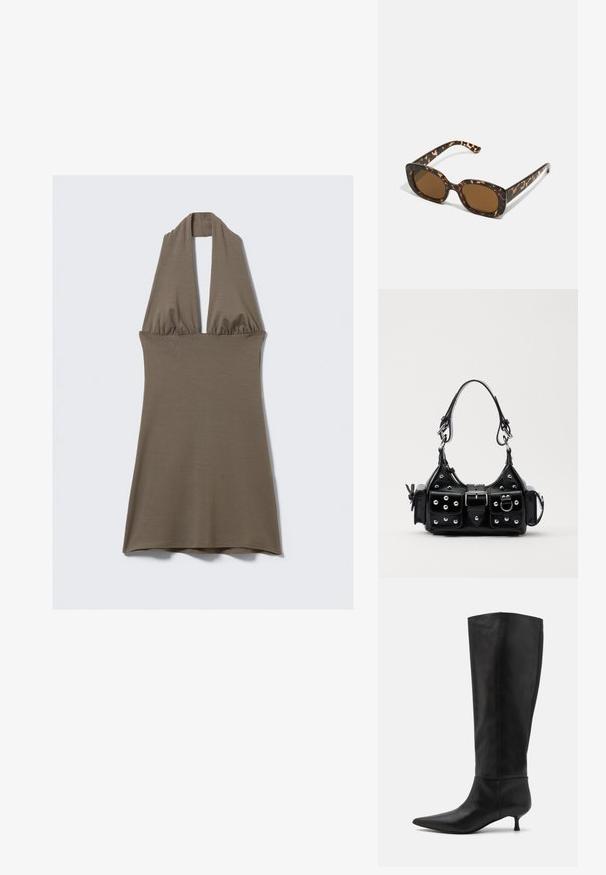 Halterneckklänning i olivgrön, tillverkad av mjukt, elastiskt material. Har en rynkad midja och en utsvängd kjol, med en slät yta.; Knähöga svarta läderstövlar med spetsig tå och kittenklack. Slät textur och minimalistisk design utan synliga detaljer eller accenter.; Sköldpaddsmönstrade solglasögon med en rund, kraftig ram och bruna linser. Har subtila mönster och raka, avsmalnande skalmar.; Svart läderhandväska med en kurvad design, prydd med silverfärgade nitar, ett spänne och två sidofickor. Justerbar rem för olika bäralternativ.