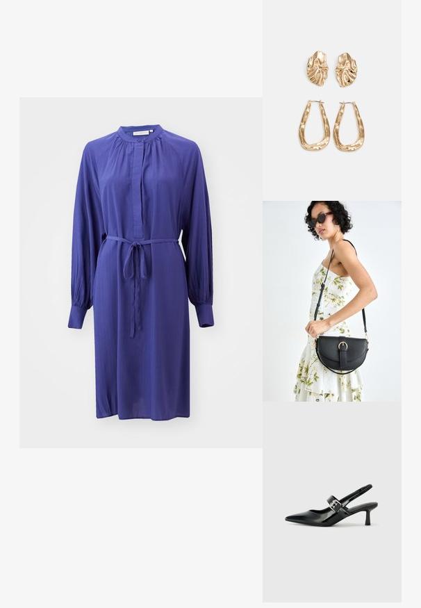 Vestido roxo de manga longa feito de tecido leve, com um decote alto abotoado e cinto na cintura para ajuste. Acabamento texturizado.; Saltos slingback em verniz preto com bico pontiagudo e um pequeno salto bloco, apresentando um detalhe de fivela prateada na tira.; Bolsa de couro preta com forma curva, alça destacável e detalhes em dourado. A bolsa possui uma aba com detalhe de fivela.; Brincos em tom de ouro com formas onduladas e texturizadas. Inclui studs escultóricos com presilha e um design de argola aberta com um acabamento martelado.