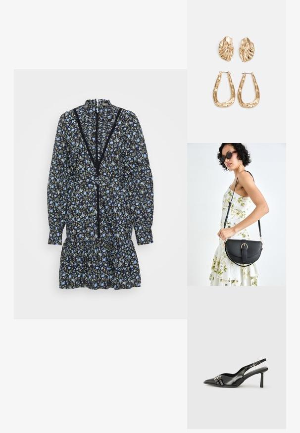 Rochie neagră cu flori, cu mâneci lungi, tiv volanat și decolteu înalt. Prezintă flori albastre și accente verzi, cu detalii din dantelă de-a lungul decolteului.; Pantofii slingback din piele lăcuită neagră, cu vârf ascuțit, bretele pentru gleznă cu catarame și accesorii din argint, și un toc subțire.; Geantă din piele neagră, cu o formă curbată, curea detașabilă și accesorii aurii. Geanta are un capac cu un detaliu tip cataramă.; Cercei aurii cu forme texturate și ondulate. Include studs sculpturale cu clip și un design de cerc deschis cu un finisaj cioplit.