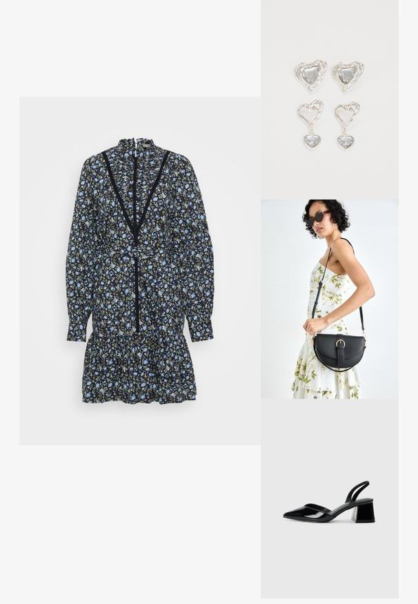 Svarte blomsterkjole med lange ermer, volangkant og høy hals. Har blå blomster og grønne detaljer, med blonder langs halslinningen.; Svarte patentlær slingback hæler med spiss tå og geometrisk blokk hæl. Har et stilrent, minimalistisk design og jevn tekstur.; Svart lærveske med en buet form, avtagbar stropp og gullbeslag. Vesken har et klaff med spenne-detall.; Sølv hjerteformede øredobber har fasetterte klare steiner med en teksturert ramme. Sett inkluderer både stud- og hengende stiler.