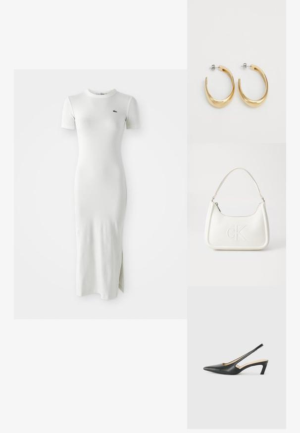 Biely rebrovaný midi šaty s krátkymi rukávmi, okrúhlym výstrihom a bočným rozparkom. Obsahuje malé zelené logo na hrudi. Hladká, priliehavá textúra.; Čierne slingback topánky s ostrou špičkou a nízkym opätkom, vyrobené z hladkej kože a s výrezmi na boku pre lepšiu priedušnosť.; Biela kožená kabelka s zakriveným tvarom, na prednej strane s embosovaným logom "CK" a jedným ramenným popruhom. Zipsové zapínanie navrchu.; Zlaté kruhové náušnice s hladkým, zakriveným dizajnom. Vyrobené z kovu, s elegantným povrchom a uzáverom na zadnej strane.