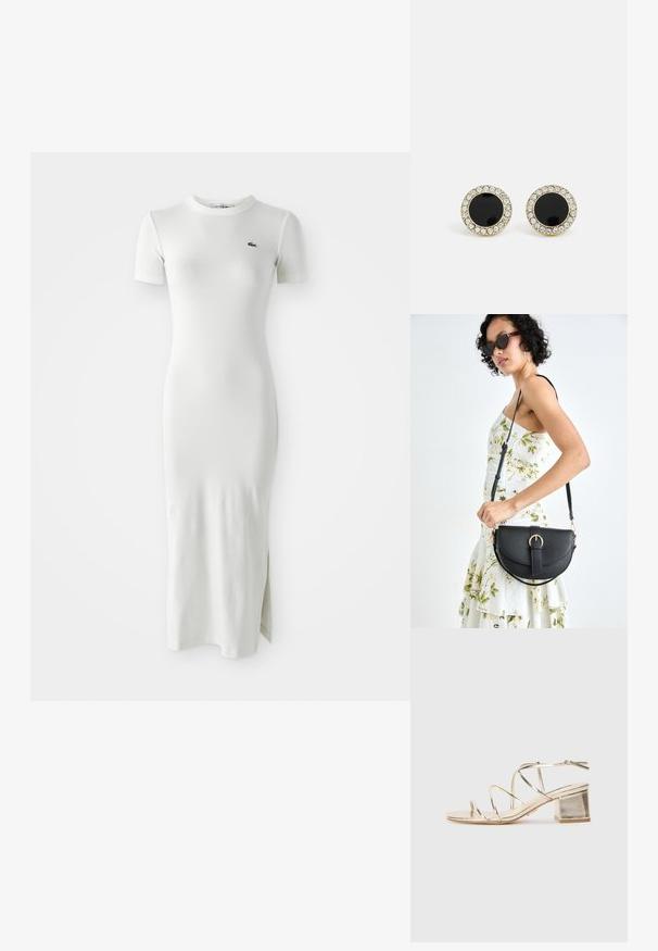 Biała, prążkowana sukienka midi z krótkimi rękawami, okrągłym dekoltem i rozcięciem z boku. Posiada małe zielone logo na piersi. Gładka, dopasowana struktura.; Złote metaliczne sandały na obcasie w kształcie kwadratu, z otwartym noskiem. Posiada cienkie paski oraz regulowany pasek wokół kostki.; Czarna skórzana torebka o zakrzywionym kształcie, z odpinanym paskiem i złotymi akcentami. Torebka posiada klapę z zapięciem w kształcie klamry.; DKNY - Kolczyki