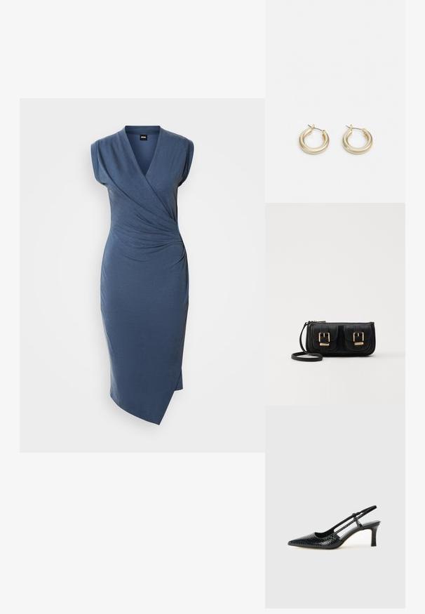 Sinine kätkrihma kleit V-kaelusega ja lühikeste varrukatega, millel on kogutud detailid vööl ja külgauk. Valmistatud siledast kangast.; Mustmust paelad, millel on terav varvas, tekstuuriga maduprindiga, reguleeritav rihm ja lühike tekstuuriga plokknina.; Must küllastamata nahast õlakott, millel on kaks esist nähtavat taskut, kuldsed pandlad, tõmblukuga sulgemine ja peen rihm. Tekstuuriga pind ja kompaktne ristkülikukujuline kuju.; Lauren Ralph Lauren BASIC SMALL HOOP - Kõrvarõngad - gold-coloured