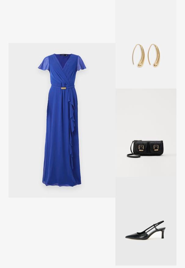 Duga plava haljina s V-izrezom, kratkim lepršavim rukavima, strukom s remenom i naboranom panelom sa strane. Izrađena od lepršavog materijala.; Crne lakirane slingback pete s oštrim vrhom, s teksturiranim uzorkom zmijske kože, podesivom remenom i kratkom, teksturiranom blok-petom.; Crna kožna torba preko ramena s dva prednja džepa, zlatnim kopčama, zatvaranjem na zip i uskim remenom. Teksturirana površina i kompaktan pravokutan oblik.; Zlatne metalne naušnice u obliku obruča s zakrivljenim, izduženim oblikom. Imaju glatku, sjajnu površinu i zaobljeni vrh za dodatni detalj.