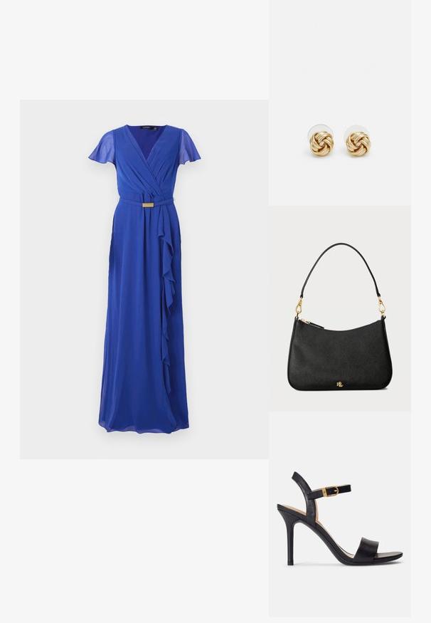 Ilga mėlyna suknelė su V formos iškirpte, trumpomis skraidančiomis rankovėmis, diržu liestyje ir raukšlėtu paneliu šone. Pagaminta iš tekančios medžiagos.; Juodos aukštakulnės sandalai, turintys lygaus odos paviršiaus, atvirą pirštą ir vienos juostos dizainą su auksiniu užsegimu.; Juodas odinis rankinukas su struktūrizuotu dizainu, turintis užtrauktuko užsegimą, nuimamą dirželį ir auksinius aksesuarus.; Aukso spalvos mazgo auskarai su sukimo dizainu. Kiekvienas auskaras turi apvalų skaidrų pagrindą, užtikrinantį saugų dėvėjimą.