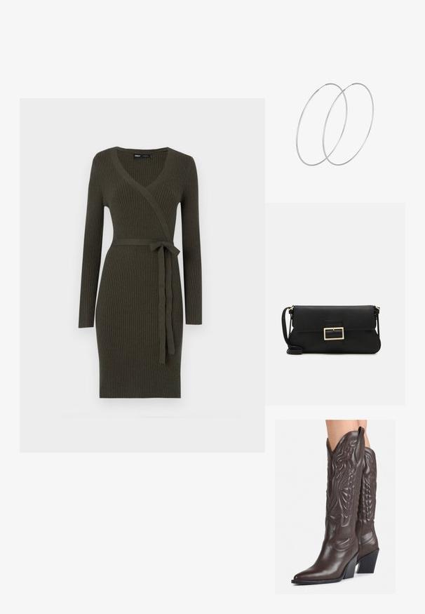 Tamsiai žalia suglebusi suknelė su v-formos iškirpte, ilgomis rankovėmis ir rišamu diržu liemeni. Pagaminta iš tekstūruoto mezgimo audinio.; Rudos odinės kaubojaus batai su smailiu priekiu ir blokuotu kulnu, pasižymintys detaliu siuvinėjimu ir iškiliais akcentais ant ašies.; Juodas odinis dėkliukas su atvarteliu ir auksinės metalinės sagties detalėmis. Įeina juodas diržas ir elegantiškas, minimalistinis dizainas.; Sidabrinės pusmėnulio auskarai minimalistiniu dizainu. Apskritimo forma, lygus paviršius ir plonas profilis. Lengvi su poliruotu apdailu.