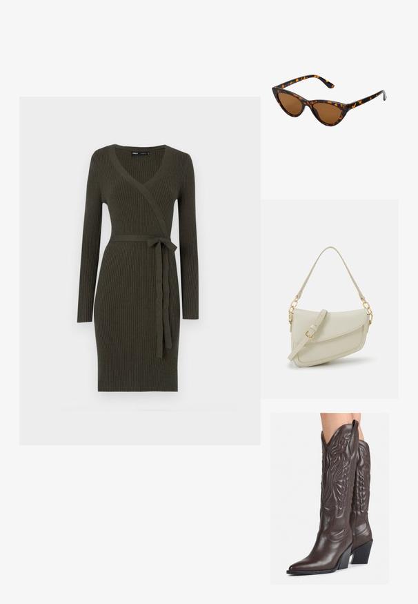 Tume rohelise soonilise lõikega kleit v-kaelusega, pikkade varrukatega ja vöödega taljes. Valmistatud tekstuuriga kudumkangast.; Pruunid nahast cowboy saapad terava varbaga ja plokk-kandaga, millel on detailne tikand ja kergelt tõstetud aktsendid varrel.; Kassi vormiga prillid musta ja oranži kilpkonnakujulise raami, pruunide läätsede ja elegantsete teravate otstega. Templi juures on minimaalne logo.; Väike kreemjas käekott tekstureeritud viimistlusega, pikendatav rihm, ketiläbimõõt ja klapiga sulgemine. Kuldsed metalldetailid.