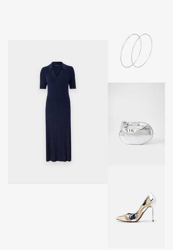 Mornarsko modra pletena obleka s polo ovratnikom, kratkimi rokavi in prilegajočim se krojem, ki sega do dolžine sredine meč.; Čevlji z visoko peto in konico, v barvni kombinaciji srebrne, zlate in nude. Sijajna obdelava z izrezljanim dizajnom, z igličasto peto.; Srebrna kovinska torbica z mehko, zaobljeno obliko in zavezano zgornjo zaporo. Narejena iz gladkega umetnega usnja.; Srebrne uhane v obliki obroča z minimalističnim dizajnom. Krožna oblika, gladka tekstura in tanek profil. Lahki s poliranim zaključkom.