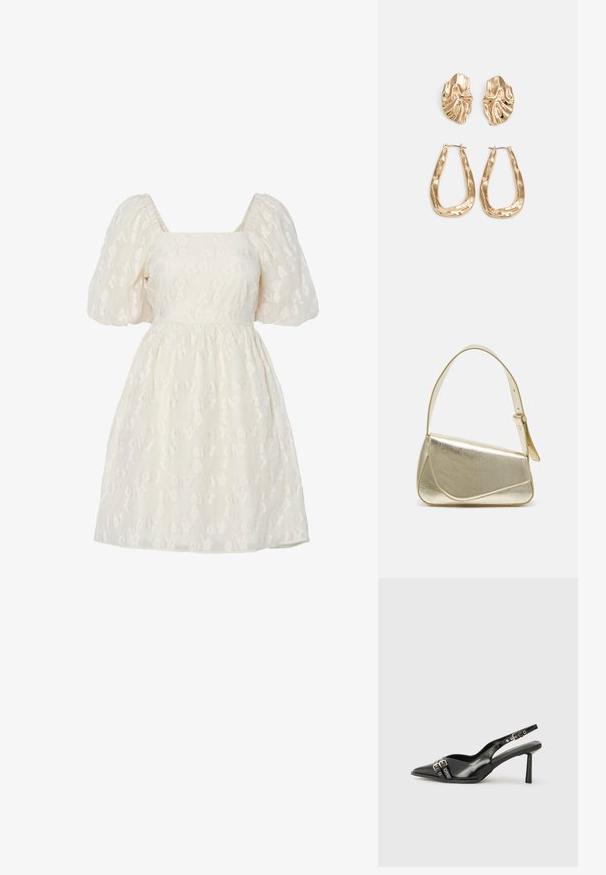 Bela obleka s puhovimi rokavi in kvadratnim izrezom, z teksturirano cvetličasto vezenino in nabranim pasom, narejena iz lahkotnega materiala.; Črne patentne usnjene sandale s koničastim nosom, zankami okoli gležnja s srebrnimi sponkami in opremo ter vitkimi petami.; Zlata metalna torbica z urejenim dizajnom, gladko teksturo in nastavljivim trakom. Ima edinstveno trikotno obliko in minimalistično šivanje.; Zlato obarvani uhani z teksturiranimi, valovitimi oblikami. Vključujejo skulpturalne sponke za ušesa in odprto obliko obročka s kladivastim finišem.