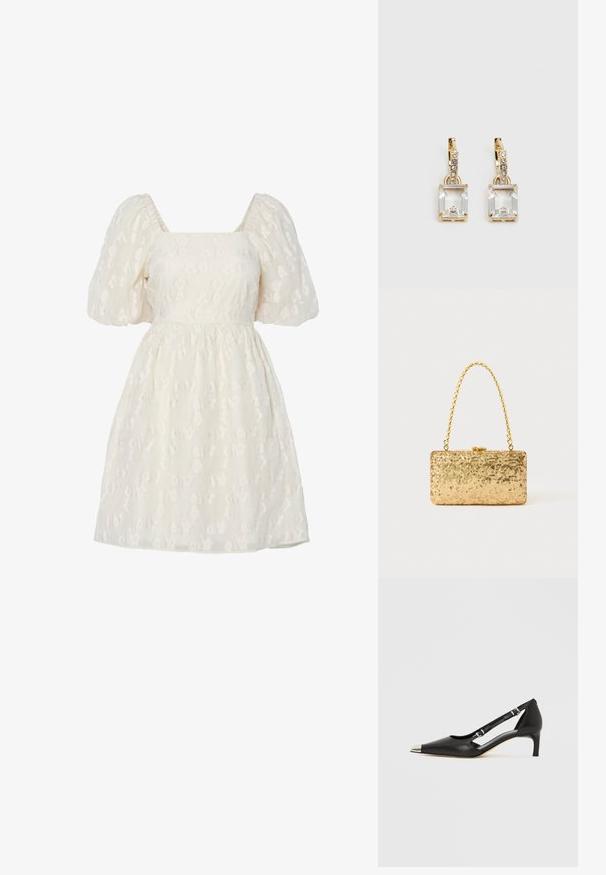 Fehér puffos ujjú ruha négyzet alakú nyakkivágással, textúrált virágmintás hímzéssel és ráncolt derékkal, könnyű anyagból készült.; Fekete bőrből készült kismagassarkú, hegyes ezüst orrkupakkal és dupla csatos pántokkal, fehér háttéren.; Arany flitteres clutch táska, téglalap alakú, csavart lánckarabinerekkel és fém záródással, mely fényt tükröz a textúrált felületének köszönhetően.; Aranyszínű fülbevalók, melyek egy téglalap alakú, tiszta kristállyal díszítették, ami egy sor kis, kerek, tiszta kiegészítő alatt lóg. Letisztult, modern dizájn.