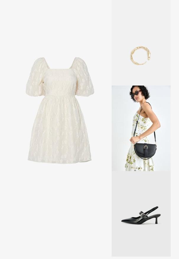 Bela obleka s puhovimi rokavi in kvadratnim izrezom, z teksturirano cvetličasto vezenino in nabranim pasom, narejena iz lahkotnega materiala.; Črne patent usnjene slingback pete s koničastim nosom in majhnim blok peto, ki vključujejo srebrno zaponko na traku.; Črna usnjena torbica s ukrivljeno obliko, z odstranljivo naramnico in zlatimi dodatki. Torbica ima pokrov s podrobnostmi v obliki zaponke.; Zlati prstan s organskim, zvitim dizajnom, gladko površino in taperiranimi konci, ki ustvarja modernega, skulpturalnega videza.