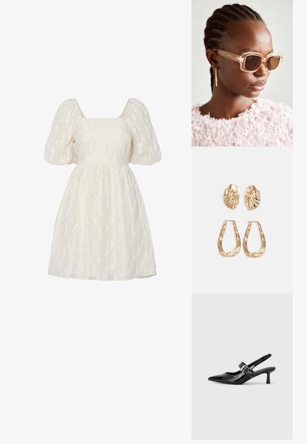 Hvit kjole med puffede ermer og firkantet utrigning, med teksturert blomsterbord og samlet midje, laget av lett stoff.; Svarte patent lær slingback hæler med spiss tå og en liten blokkheel, med en sølvspenne som detalj på stroppen.; Beige oversized solbriller med klar ramme og brune tonede linser, med subtile blomsterdetaljer og dristig, geometrisk design.; Gullfargede øredobber med teksturerte, bølgete former. Inkluderer skulpturelle klipsstuds og åpen hoop-design med en hamret finish.
