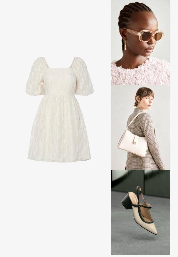 Valkoinen puffihihainen mekko neliömäisellä pääntiellä, jossa on tekstuurillista kukka-ommelta ja kerätty vyötärö, valmistettu kevyestä kankaasta.; Beige slingback-kengät, joissa on musta reuna, kultahakas, ja paksu lohkoheel, harmaalla lattialla tummanvihreää taustaa vasten.; Beige-yksinkertaiset aurinkolasit, joissa on kirkas kehys ja ruskeat sävytetyt linssit, jotka sisältävät hienovaraisia kukkakuvioita ja rohkeaa geometristä muotoilua.; Valkoinen nahkainen käsilaukku, jossa on jämäkkä muotoilu, magneettinen suljin ja olkahihna, esillä neutraalilla taustalla.