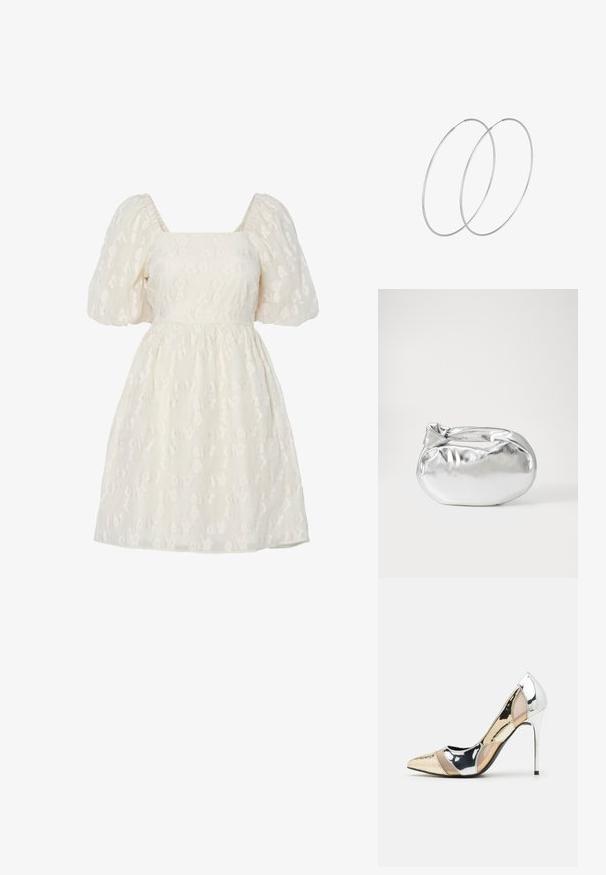 Bela obleka s puhovimi rokavi in kvadratnim izrezom, z teksturirano cvetličasto vezenino in nabranim pasom, narejena iz lahkotnega materiala.; Čevlji z visoko peto in konico, v barvni kombinaciji srebrne, zlate in nude. Sijajna obdelava z izrezljanim dizajnom, z igličasto peto.; Srebrna kovinska torbica z mehko, zaobljeno obliko in zavezano zgornjo zaporo. Narejena iz gladkega umetnega usnja.; Srebrne uhane v obliki obroča z minimalističnim dizajnom. Krožna oblika, gladka tekstura in tanek profil. Lahki s poliranim zaključkom.